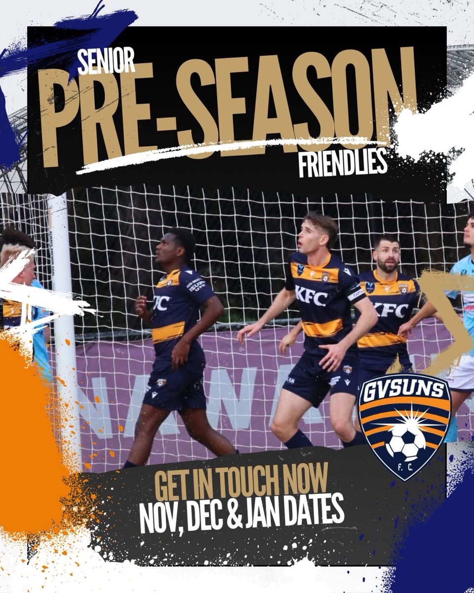 SENIOR PRE-SEASON SCHEDULE - PRACTICE GAMES

We’re looking to finalise our pre season schedule. We can cater for all senior fixtures and have availability for weekends in Nov, Dec &amp; Jan 

please get in touch with coach Craig Carley on 0421831221 or email seniorcoach@gvsuns.com.au