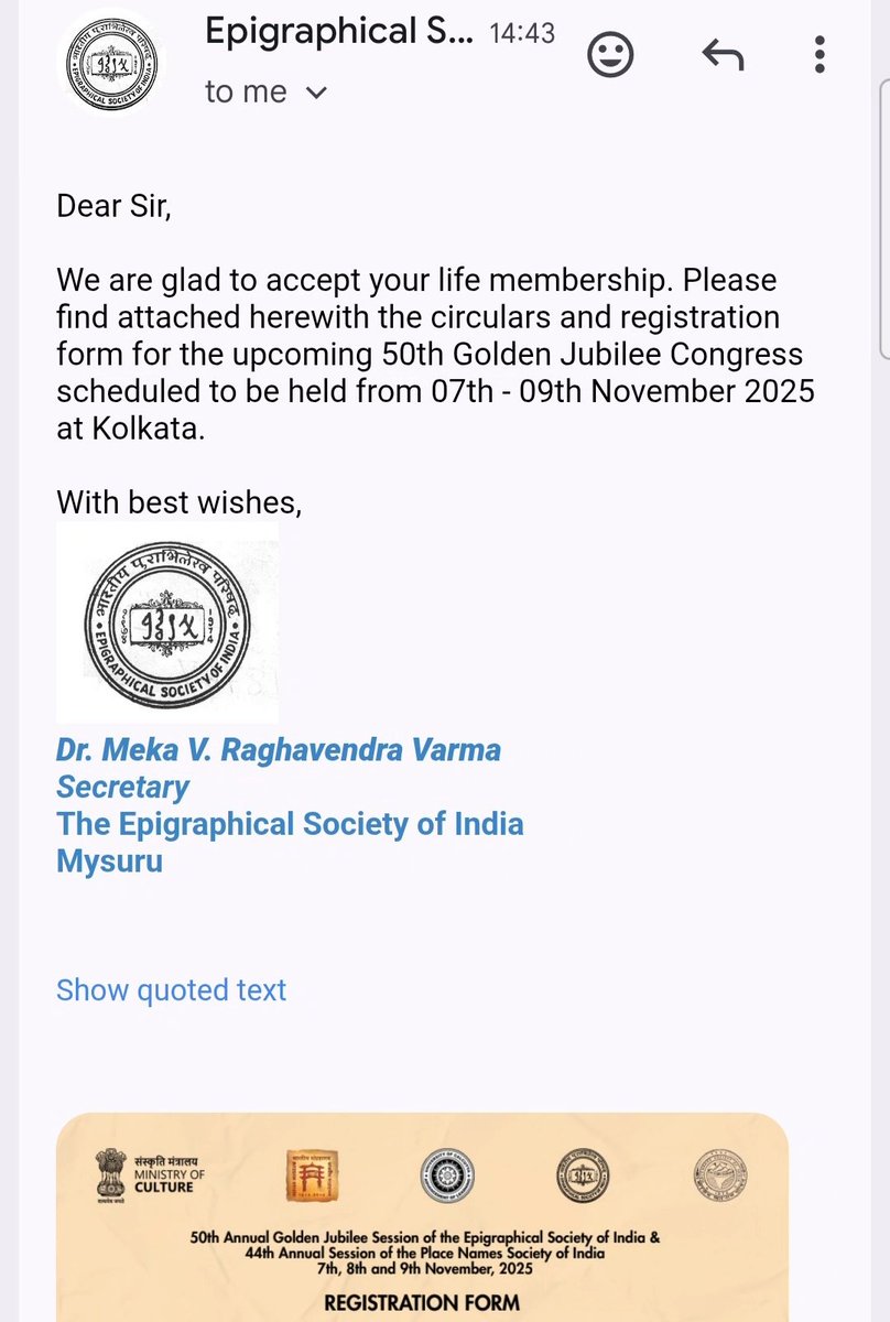 Proud to receive the life membership in the prestigious &amp; very important Epigraphical Society of India (ESI). Thanking ESI, Secretary Dr. Meka V.R. Varma Sir for his support &amp; encouragement. Its high time to take Odishan Epigraphical research to next level.