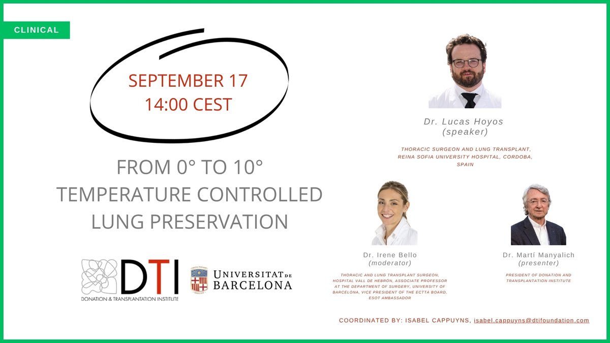 📅 Sept 17 | 14:00 CEST
💻 Free webinar: “From 0° to 10° – Temperature Controlled Lung Preservation”
With Dr. Lucas Hoyos, Dr. Irene Bello &amp; Dr. Martí Manyalich.
👉 Register now: us06web.zoom.us/webinar/regist…
#LungTransplant #OrganDonation