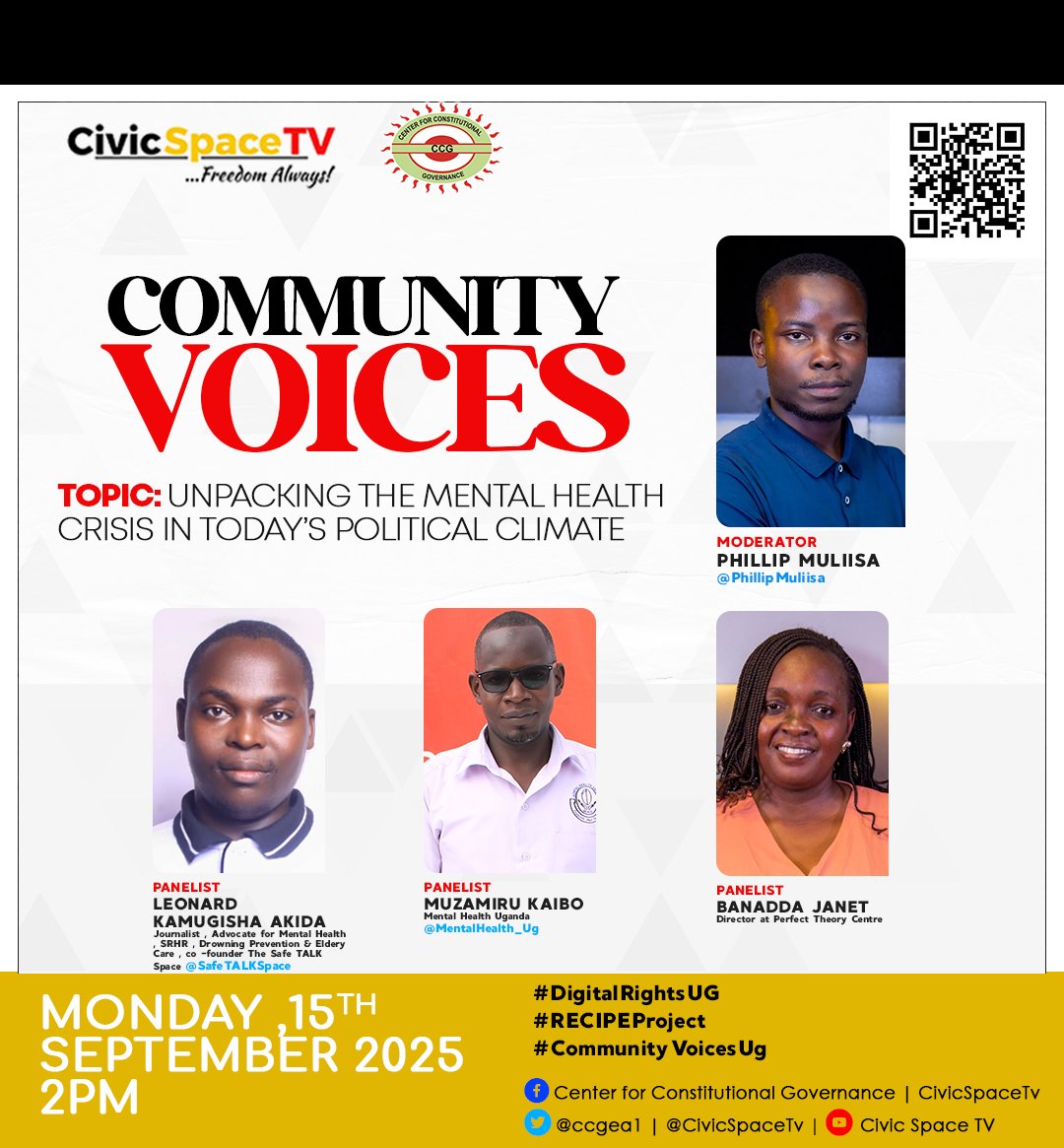 On #CommunityVoicesUG today, Unpacking the mental health crisis in today's political climate.
<a href="/PHILIPMULIISA/">PHILIP MULIISA ( PM)</a>
<a href="/SafeTALKSpace/">The SafeTALK Space</a> <a href="/akida_leonard/">𝐋𝐄𝐎𝐍𝐀𝐑𝐃 𝐊𝐀𝐌𝐔𝐆𝐈𝐒𝐇𝐀 𝐀𝐊𝐈𝐃𝐀</a> 
<a href="/MentalHealth_Ug/">Mental Health Uganda</a> 
<a href="/parrotsug/">𝐏𝐀𝐑𝐑𝐎𝐓𝐒 𝐌𝐄𝐃𝐈𝐀</a> 
#mentalwellness 
#CivicSpaceUG <a href="/ccgea1/">Center for Constitutional Governance (CCG)</a> 

youtu.be/C3r7J140bOw