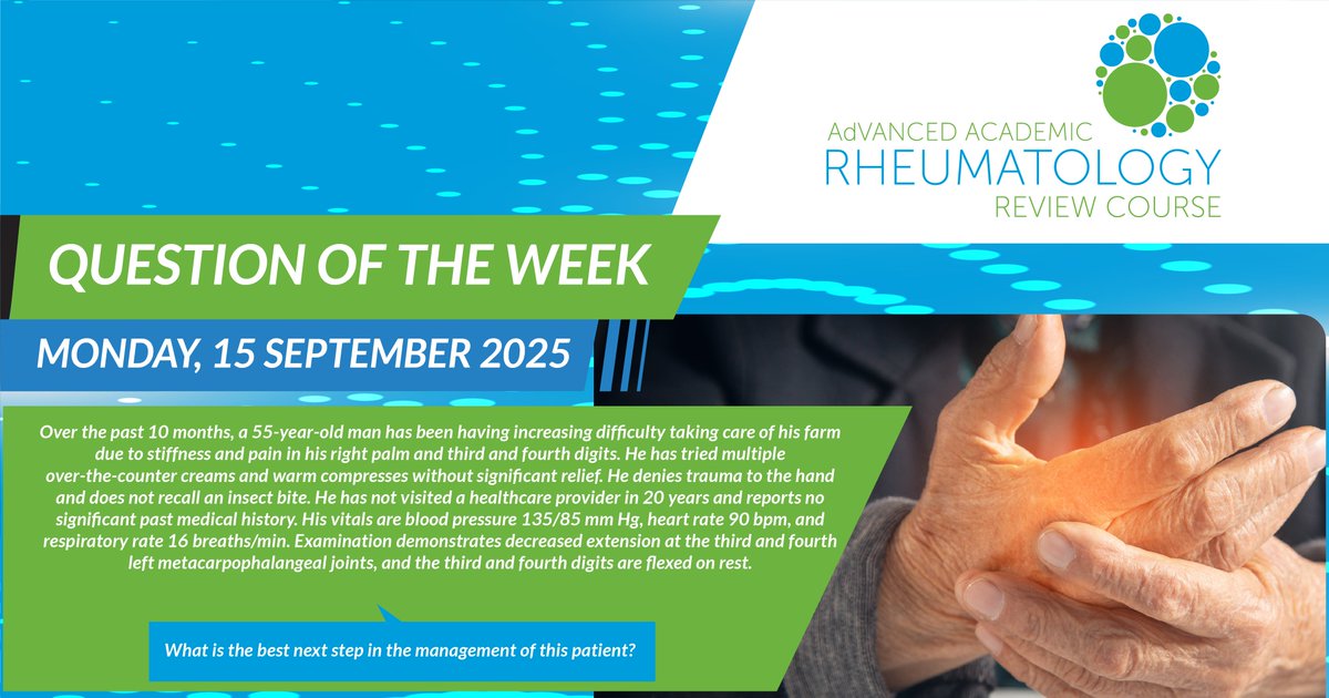 adarrc's tweet image. Try this week’s Monday Kickoff Quiz to explore clinical cases and test your understanding of the best next step in management for this week’s case: A 55-year-old man with progressive hand stiffness.

Take the Quiz: bit.ly/46mf5my

#RheumQuiz #MedTwitter #Rheumatology