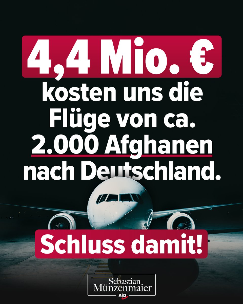 Meine Anfrage deckt auf: 4,4 Millionen Euro kosten den deutschen Steuerzahler die Flüge von ca. 2.000 Afghanen nach Deutschland. 

Es kann nicht sein, dass wir auch noch die Flugtickets für die Baerbock-Afghanen bezahlen müssen. 

Wir sind keine Reise-Lotterie!