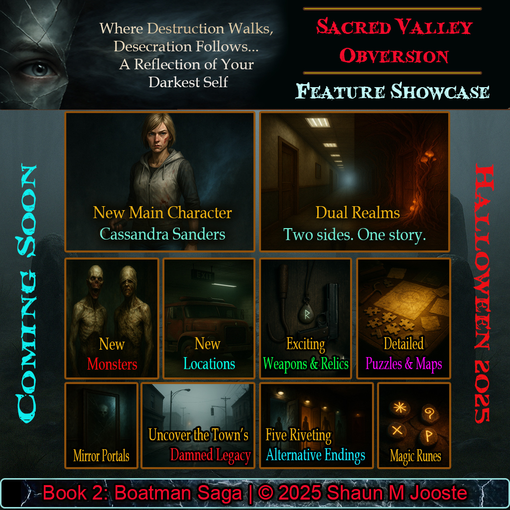📢 Sacred Valley: Obversion Feature Showcase

A new reflection emerges in the fog…
 The Sacred Valley: Obversion Feature Showcase teases the horrors of the sequel:

 👤 Cassandra Sanders rises as the new protagonist.
 🌌 Dual Realms — one story told through two sides.
 👹