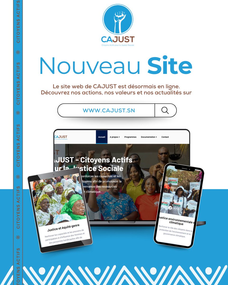 CAJUST a désormais son site web officiel 🎉
Découvrez nos actions, nos projets et nos plaidoyers en faveur de la justice sociale, économique et climatique.

👉 Visitez dès maintenant : cajust.sn
 Et n’hésitez pas à le partager autour de vous.
#CAJUST