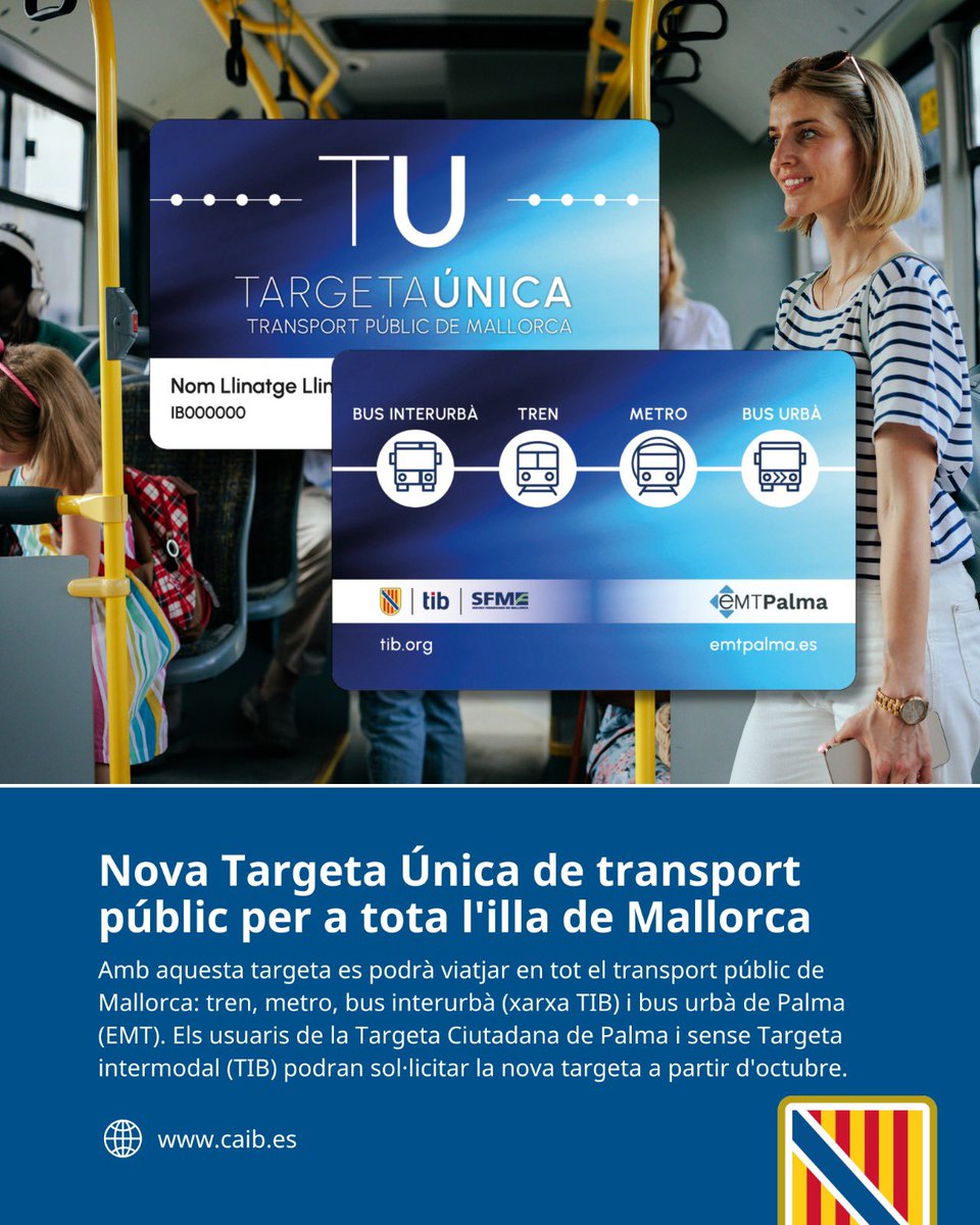 El Govern i l'Ajuntament de Palma presenten la Targeta Única de transport públic de Mallorca, a la xarxa TIB i EMT

🚌 Els usuaris de la Targeta Ciutadana de Palma que no tenguin Targeta Intermodal podran sol·licitar la Targeta Única a partir d'octubre

➡️ tn.caib.es/TargetaUnica