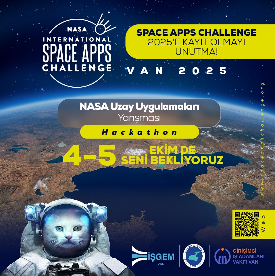 Nasa Space Apps Challenge İlk Kez Van’da VAN İŞGEM ev sahipliğinde düzenleniyor! Dünya genelinde milyonlarca genç girişimci, bilim insanı, yazılımcı ve vizyoneri bir araya getiren NASA Space Apps Challenge, bu yıl ilk kez Doğu Anadolu Bölgesi’ni temsilen Van’da gerçekleştiriliyor