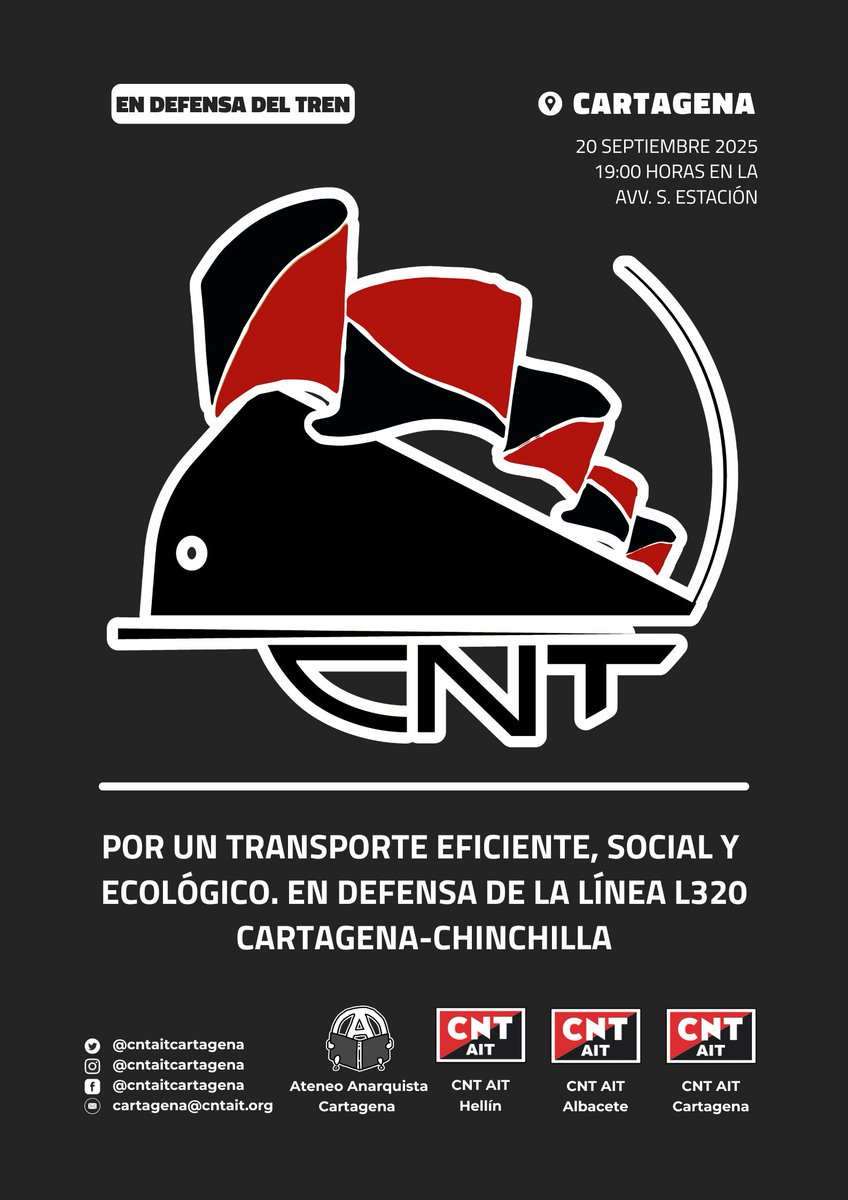 Éste fin de semana tenemos una cita en defensa de la línea de Ferrocarril L-320 de Cartagena.

📅 Sábado 20 de septiembre
📍 AVV. Sector Estación 
⏰ 19:00 h

¡Por un transporte eficiente para #Cartagena, ecológico y social!. En defensa de cada puesto de trabajo.

¡Te esperamos!.