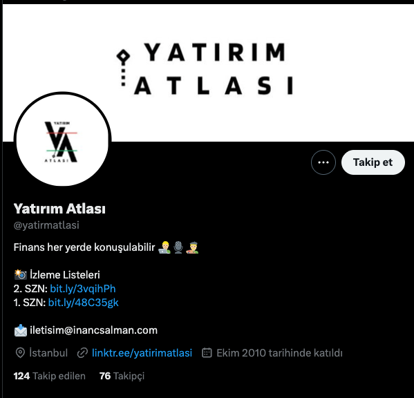 Yatırım Atlası Ailesi olarak tek resmi hesabımız vardır. Lütfen diğer hesaplara itibar etmeyiniz. 

✅ Kimseden hiç bir sebep ile para talep etmeyiz veya portföy yönetimi yapmayız. 
✅ Yatırım tavsiyesi vermeyiz, yönlendirme yapmayız 
✅ Kimseden hiç bir sebep ile gizli kalması