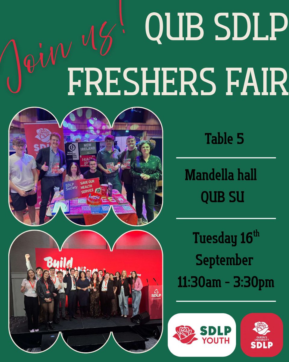 Tomorrow we will be at <a href="/QUBelfast/">Queen's University Belfast 🎓</a> freshers fair in Mandela hall at the QUB SU!

Come and say hi to our student and elected reps about our vision for a New Ireland and social democratic values!🌹