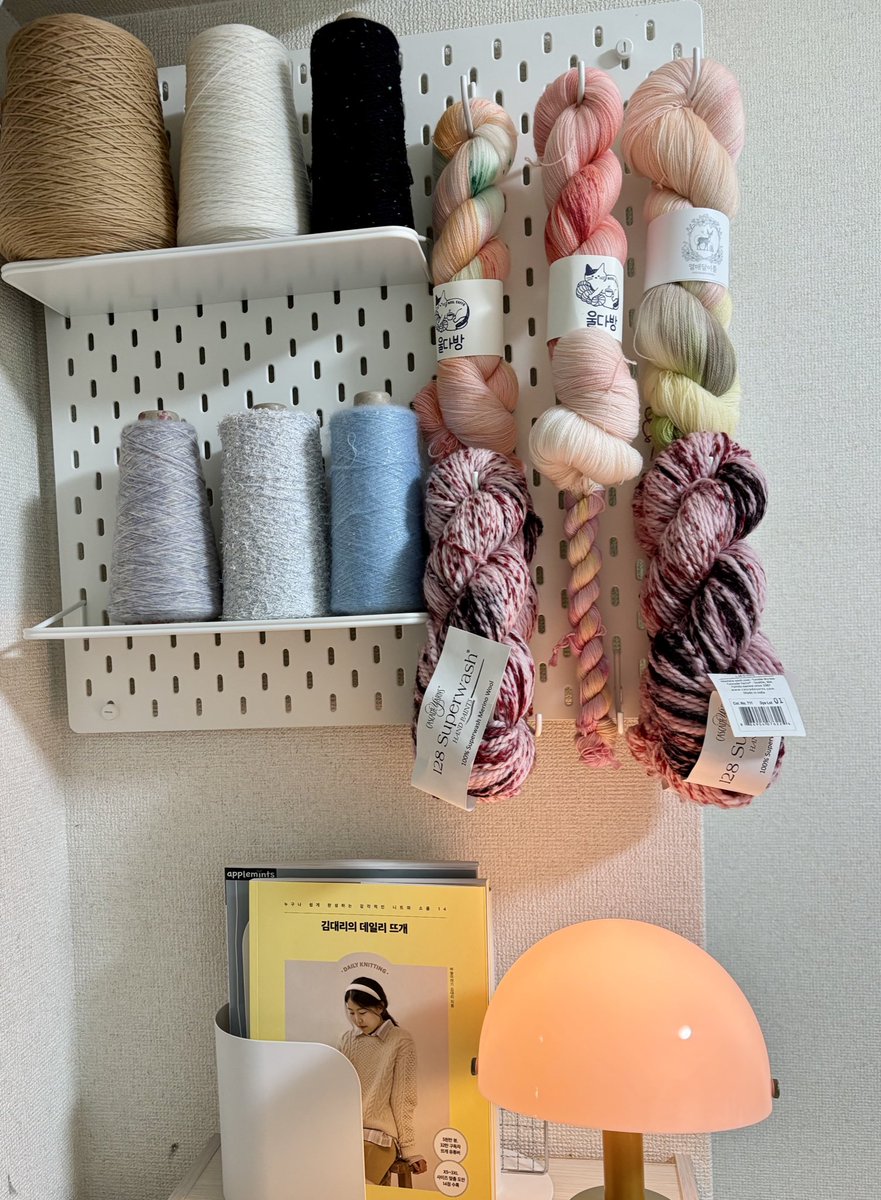 IKEAで有孔ボードを買ってきたので私の幸せ空間ができました！可愛すぎる！
部屋のはしっこだけど、この空間だけ見てるだけで幸せ🥲💭
また韓国で毛糸買ってきたら飾ろう！🫧💫

#編み物好きさんと繋がりたい