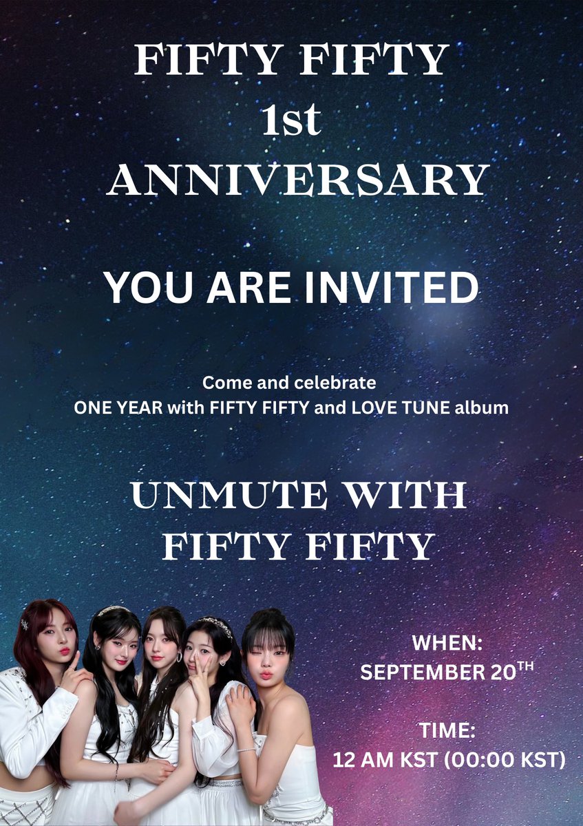 5050HQ's tweet photo. 📌✨ FIFTY FIFTY ONE YEAR ANNIVERSARY ✨

Join us as we celebrate the 1 Year Anniversary of FIFTY FIFTY’s LOVE TUNE album and mark 1 year together with 
FIFTY FIFTY 💖

📅 September 20th
🕛 12:00 AM KST (00:00) 

#FIFTYFIFTY #피프티피프티 https://t.co/F7ebJwcTJS