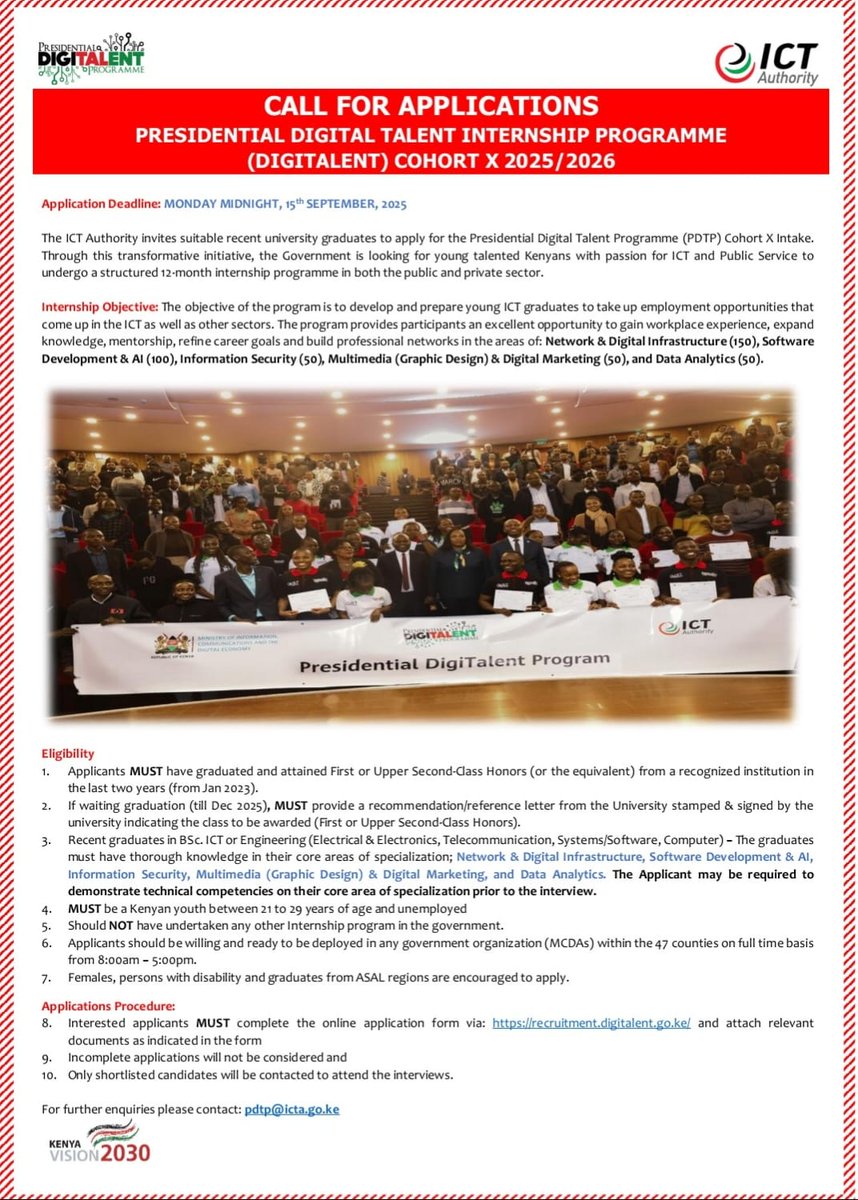 ICTAuthorityKE's tweet photo. Applications for PDTP Cohort X close TODAY at midnight!

Don’t miss this opportunity to build your ICT career with a 12-month paid internship in the government &amp; private sector.

👉 Apply: https://t.co/yqvp6CGMWu

#PDTP #ICTAuthorityKE #DigitalEconomy https://t.co/gmheqr8JUy