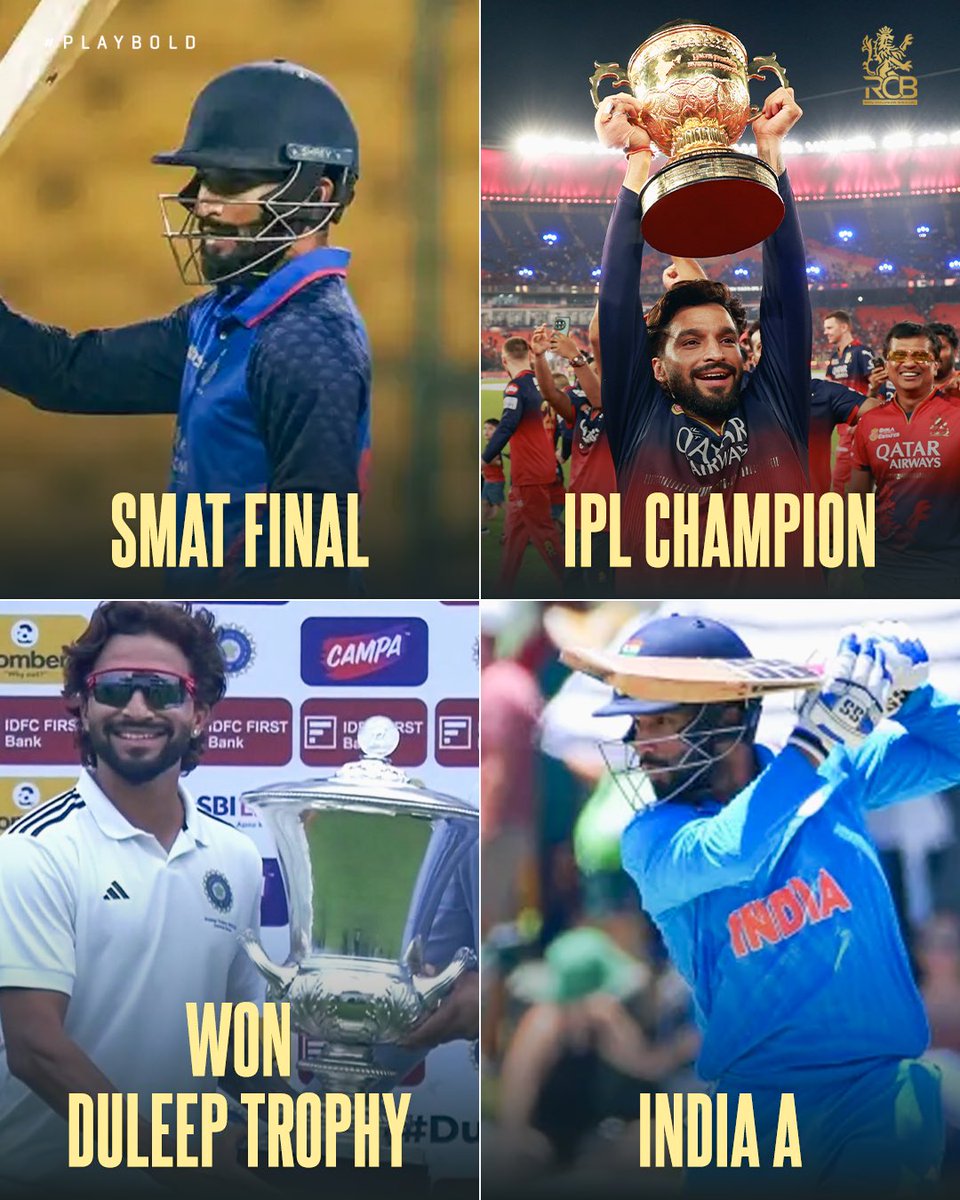 𝐑𝐢𝐬𝐞 &amp; 𝐑𝐢𝐬𝐞 𝐨𝐟 𝐂𝐚𝐩𝐭𝐚𝐢𝐧 𝐑𝐚𝐣𝐚𝐭 𝐌𝐚𝐧𝐨𝐡𝐚𝐫 𝐏𝐚𝐭𝐢𝐝𝐚𝐫 🫡

SMAT 2024 Final ✅
Maiden IPL Trophy ✅
Duleep Trophy champion ✅
India A captain ✅

RaPa’s journey is nothing short of phenomenal. Congrats Skip, we’re beyond proud. 👊

#PlayBold #ನಮ್ಮRCB |