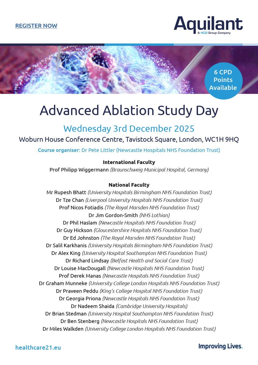 AquilantOncol's tweet photo. 📢SPACES ARE FILLING UP!📢
The #AblationStudyDay with course organiser Dr Pete Littler is going be a fantastic day of insightful lectures and provide plenty of learning opportunities!
🗓️3rd December 2025
⏰8.45am - 5.15pm
📍London
RESERVE YOUR PLACE:
https://t.co/0lue8OTdYl https://t.co/4KVlgXKE75