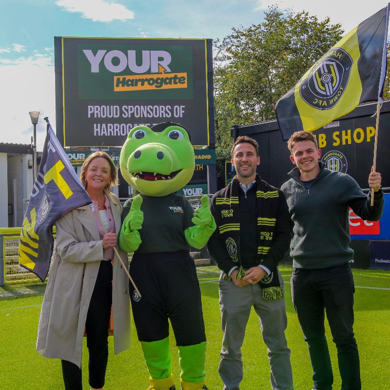 HarrogateTown's tweet photo. We are excited to have extended our partnership with Your Harrogate Radio, who will now sponsor @HarryGatorHTAFC 🐊