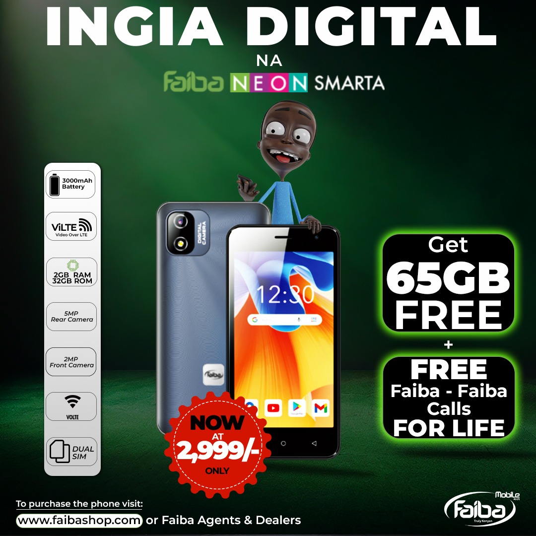 FaibaMobile's tweet photo. Ingia Digital na Faiba Neon Smarta! π±
Get your smartphone at ONLY KSh 2,999 and enjoy:
π 65GB FREE Data
π FREE Faiba-to-Faiba calls for life
Grab yours today from https://t.co/mjYsESUhwr or Faiba Agents & Dealers.
#FaibaMobile #NeonSmarta #IngiaDigital https://t.co/6kCiKsmORB