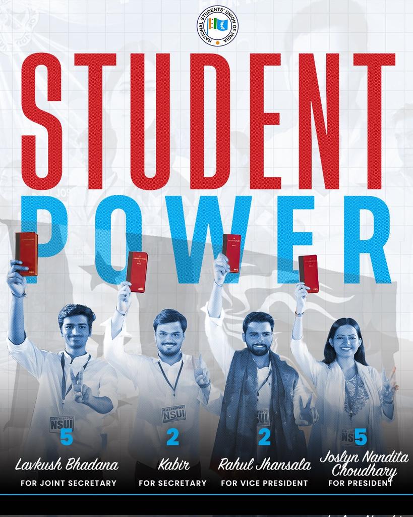 Vote, Support &amp; Elect
NSUI Panel 5225 ✅

5️⃣ Joslyn Nandita Choudhary – President
2️⃣ Rahul Jhansla – Vice President
2️⃣ Kabir – Secretary
5️⃣ Lavkush Bhadana – Joint Secretary

#HumBadlengeDU #DUwithNSUI