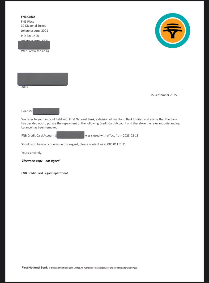 DebtorsS's tweet image. Debt Write-Off Success!
Huge congratulations to our team at MKH Debtors Associates Pty Ltd! 🎉 We&apos;ve received a prescription letter from FNB, resulting in a debt write-off to R0.00 balance on an FNB Credit Card account! 🙌 Arrears to be removed soon! 💼👍

 #DebtResolution…