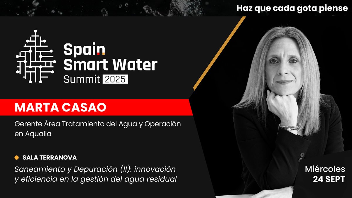 Ponente confirmada en #SSWS2025

👤 Marta Casao — Gerente del Área de Tratamiento del Agua y Operación en <a href="/aqualia/">aqualia</a> 
🗓️ 24 sept | 📍 Sala Terranova
💬 Saneamiento y Depuración (II): innovación y eficiencia en la gestión del agua residual
👉 iagua.es/spain-smart-wa…

#SmartWater