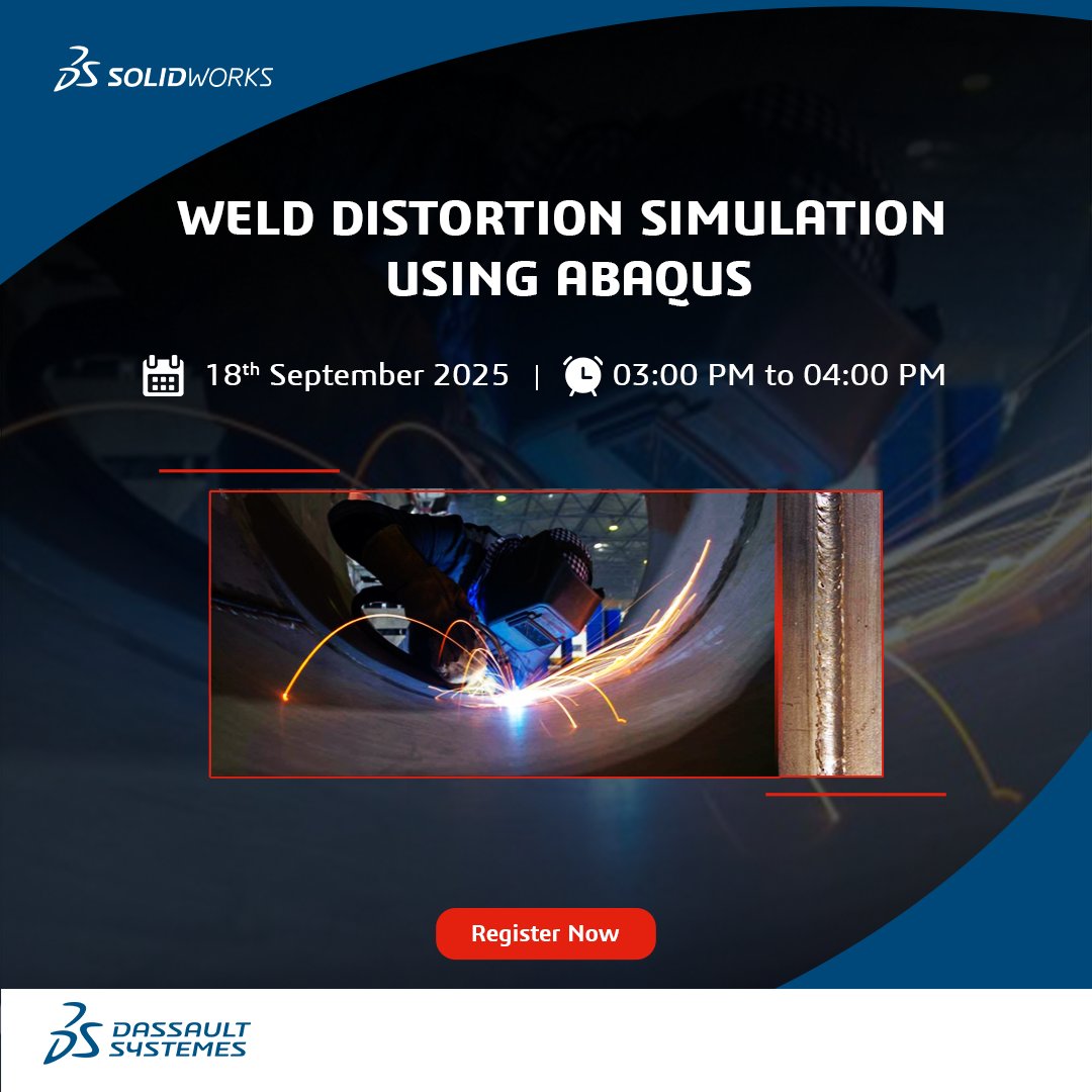 SOLIDWORKSIndia's tweet image. From sparks to simulation—unlock smarter welding design in our upcoming expert webinar!
Register Today: discover.solidworks.com/weld-distortio…
#SOLIDWORKS #Simulation #EngineeringSimulation #DassaultSystemes #ElectronicsDesign #WebinarAlert #SimulationTools