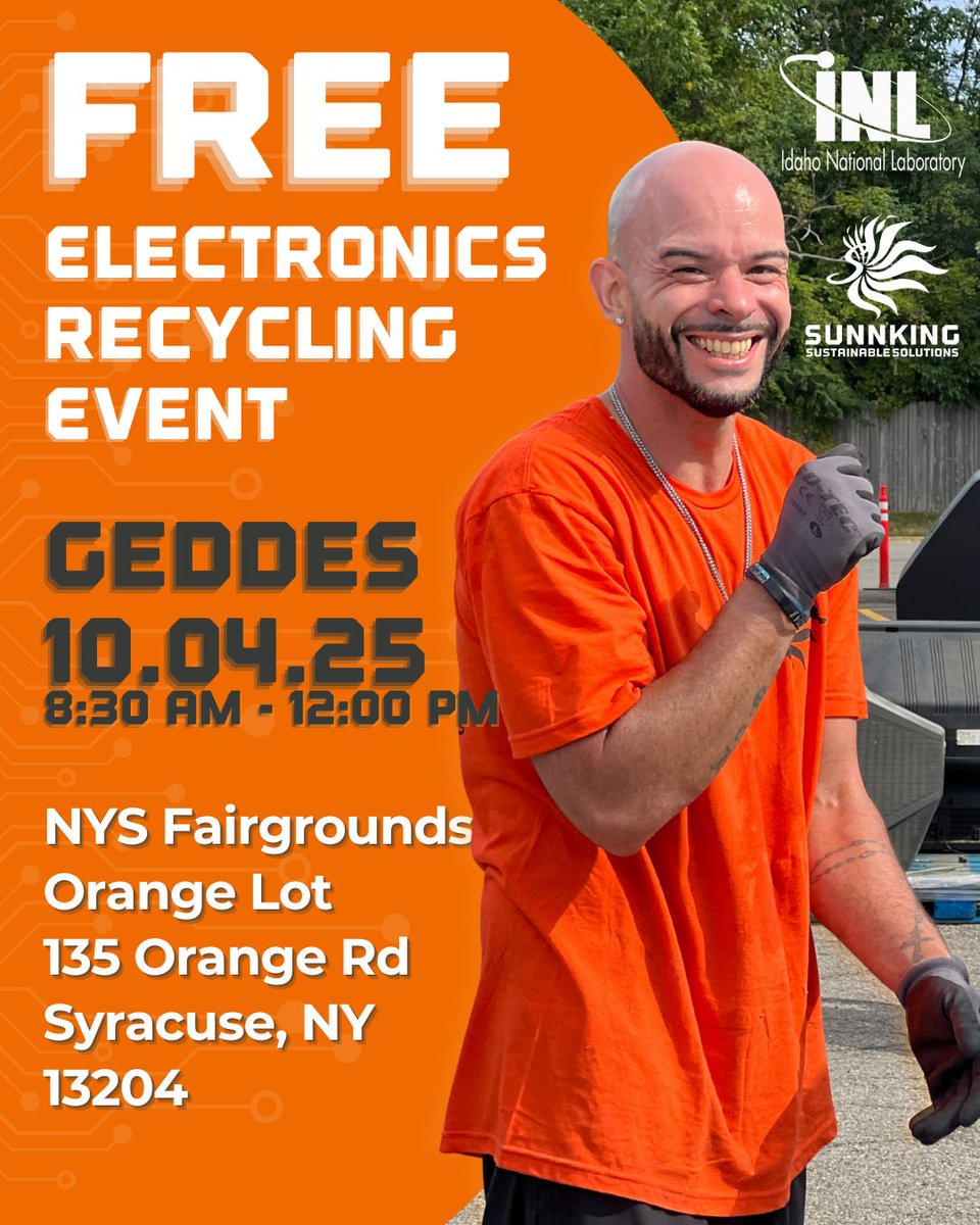 📍 Geddes, NY! Join us for a FREE Electronics Recycling Drop-Off event on October 4th in the Orange Lot at 135 Orange Road in Syracuse NY! 

♻️ Bring your old TVs, computers, phones &amp; more — we’ll recycle them safely and sustainably 

✨Sign up today: sunnking.com/events/geddes-…
