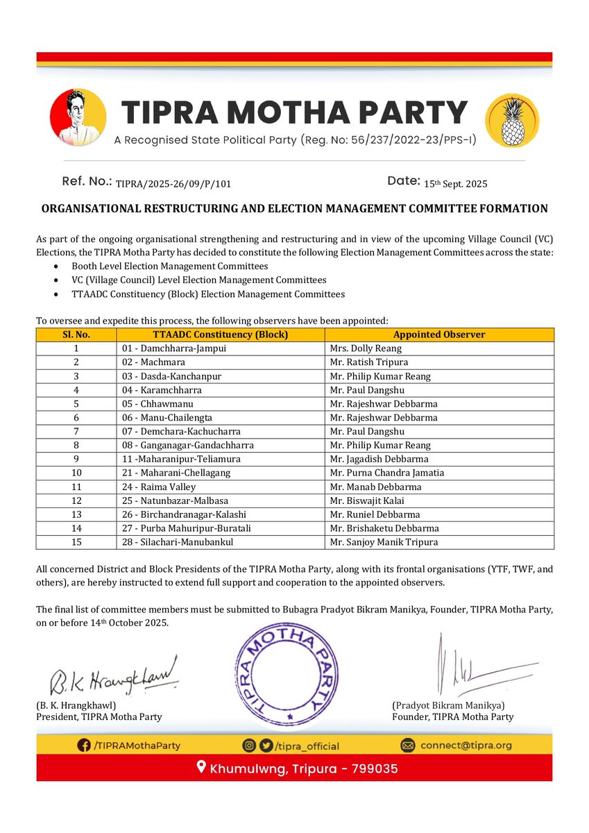 TIPRA (@tipra_official) on Twitter photo Important Notification regarding Organisational Restructuring and Election Management Committee Formation
<a href="/PradyotManikya/">Pradyot_Tripura</a>
#TIPRA Important Notification regarding Organisational Restructuring and Election Management Committee Formation
<a href="/PradyotManikya/">Pradyot_Tripura</a>
#TIPRA
