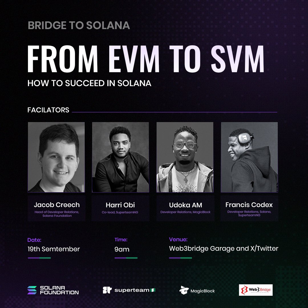 Join us for an epic workshop for EVM devs with Rust skills transitioning to Solana! 💻  

We’ll cover: 
- EVM to SVM Workshop
- How to Succeed in Solana
- Succeed in Solana via SuperteamNG
- MagicBlock Demo 

Friday, Sep. 19th — details below 👇
