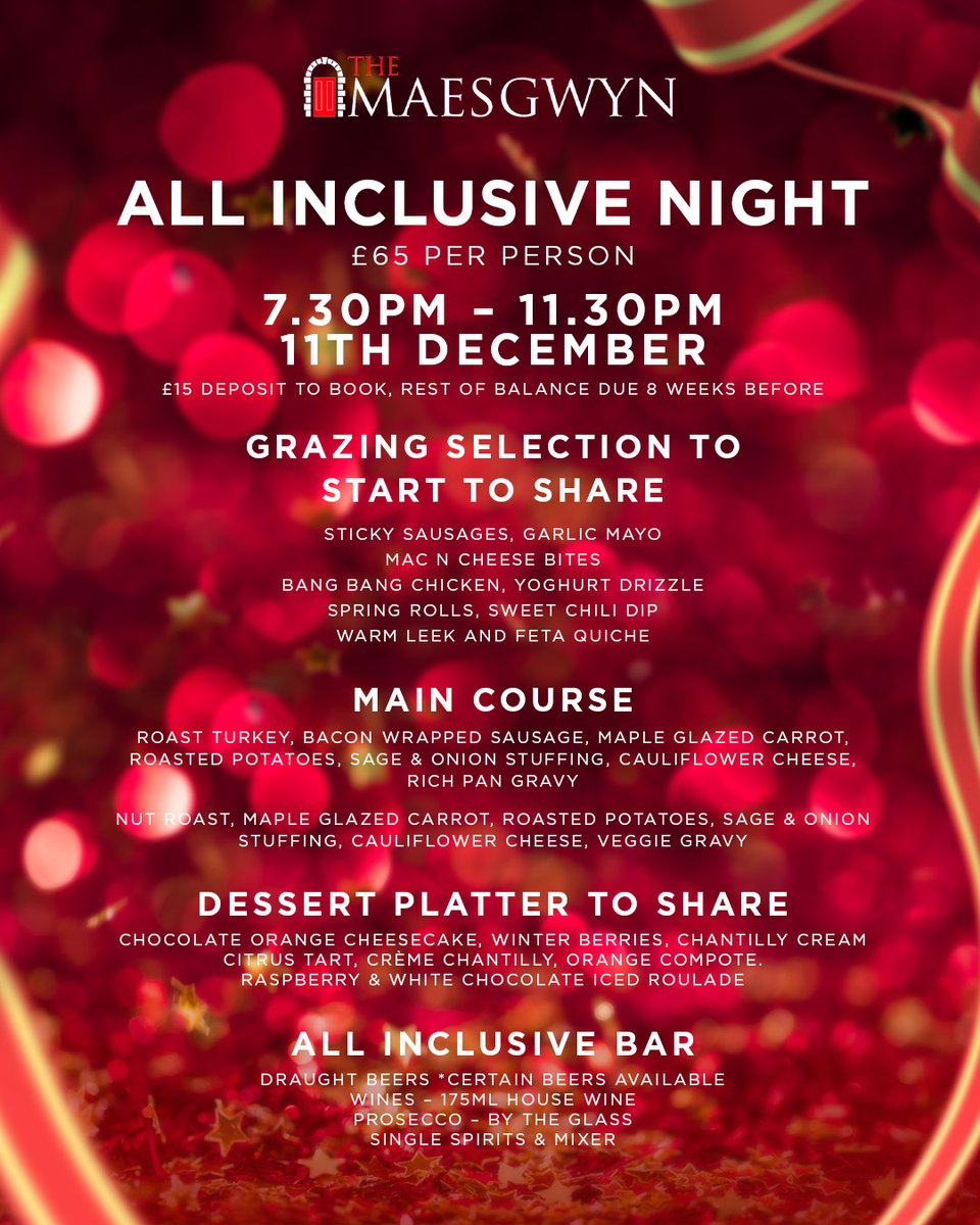 🍾 ALL INCLUSIVE NIGHT 🍾 

Dec 11th | 7:30PM | £65pp 

🥂 Unlimited drinks all night 
🍽️ Grazing selection &amp; full dinner 
🍰 Dessert platter to share 

⚠️ LIMITED AVAILABILITY BOOK NOW! 🏛️