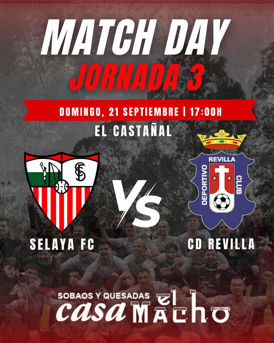 Selaya F.C (@selayafc) on Twitter photo MATCH DAY⚽️
Jornada 3
@selaya_fc vs <a href="/cd_revilla/">Catherine Revilla</a>
🗓 Domingo, 21 de septiembre
⏱ 17:00h
📍 El Castañal
#TerceraRFEF #SelayaFC MATCH DAY⚽️
Jornada 3
@selaya_fc vs <a href="/cd_revilla/">Catherine Revilla</a>
🗓 Domingo, 21 de septiembre
⏱ 17:00h
📍 El Castañal
#TerceraRFEF #SelayaFC