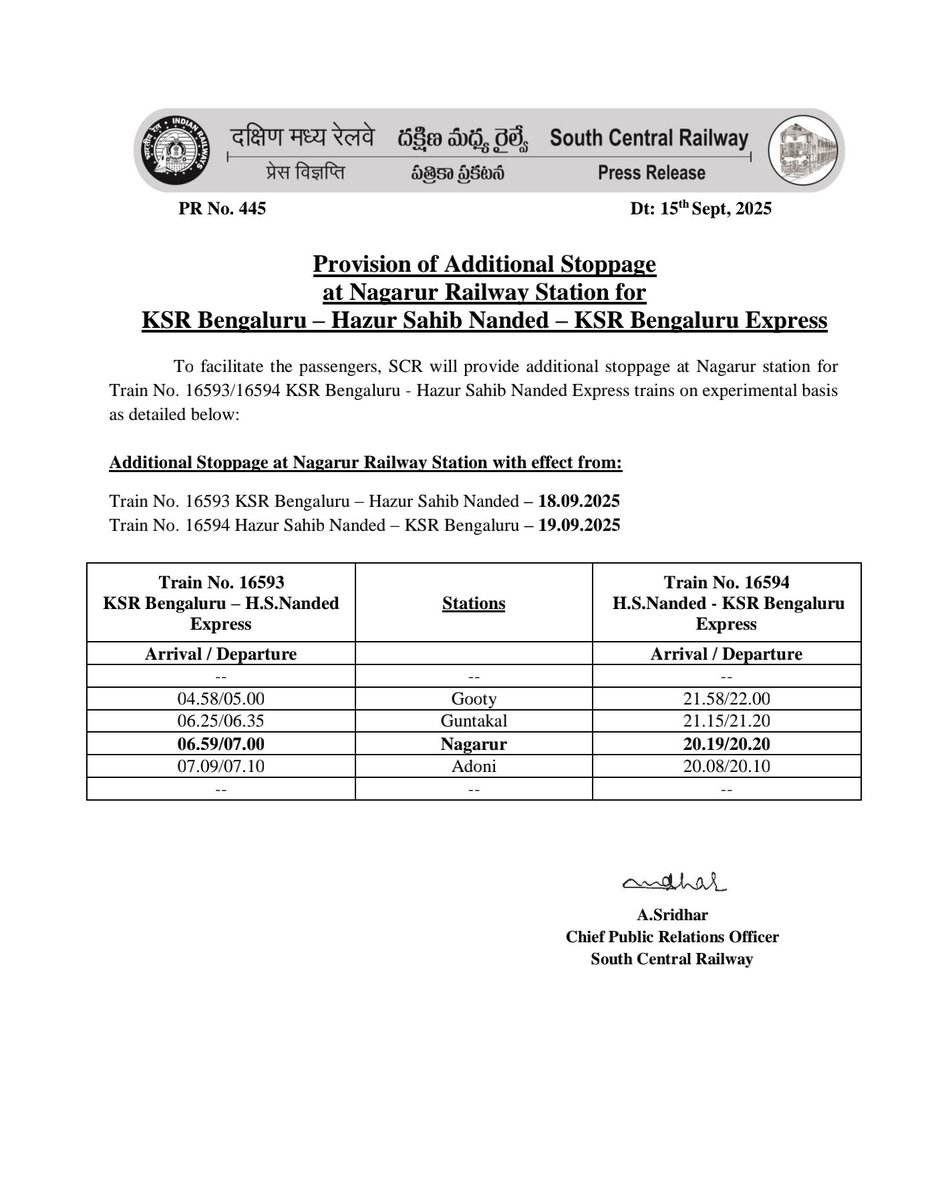 Provision of Additional Stoppage at #Nagarur Railway Station for KSR #Bengaluru – Hazur Sahib #Nanded – KSR Bengaluru Express
