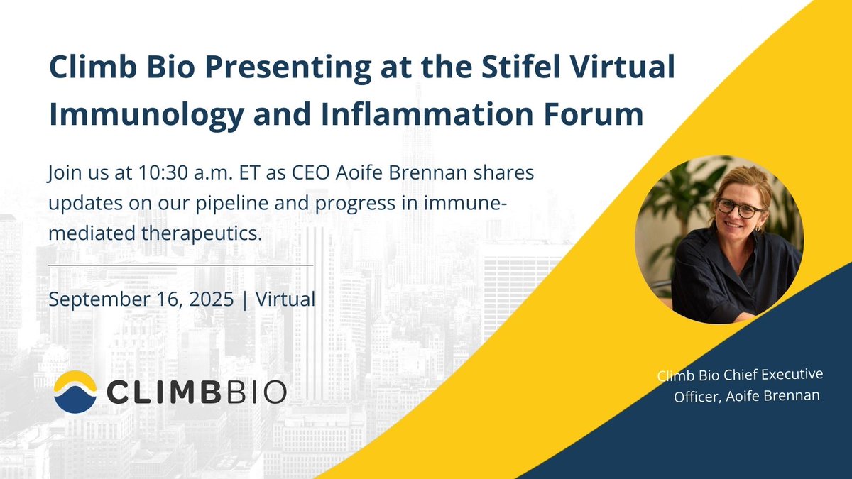 Climb Bio (@climbbio) on Twitter photo $CLYM is excited to join the Stifel Virtual Immunology & Inflammation Forum on Sept 16.
🕥 10:30 a.m. ET: Presentation from CEO Aoife Brennan on advancing therapeutics for immune-mediated diseases.
Webcast: loom.ly/a90xDL4
#StifelForum #Immunology #InvestorRelations $CLYM is excited to join the Stifel Virtual Immunology & Inflammation Forum on Sept 16.
🕥 10:30 a.m. ET: Presentation from CEO Aoife Brennan on advancing therapeutics for immune-mediated diseases.
Webcast: loom.ly/a90xDL4
#StifelForum #Immunology #InvestorRelations