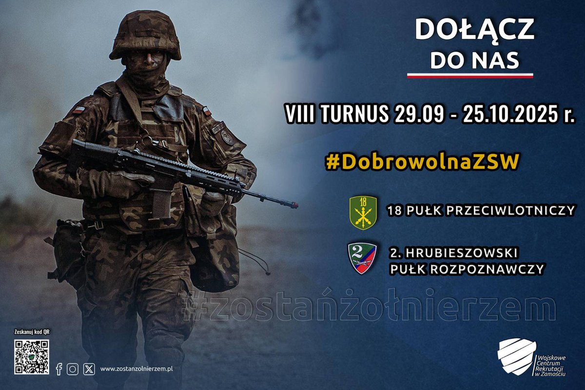 WCR_Zamosc's tweet image. 29.09.2025 r. w #2pr oraz #18pplot rusza VIII turnus #DZSW!

Zgłoś się już dziś!
Rozwijaj charakter, dyscyplinę i siłę!
#DZSW to służba, która daje realne umiejętności i szansę na stały rozwój oraz stabilizację.

Zgłoś się już teraz:
zostanzolnierzem.pl
infolinia: 800 180 110