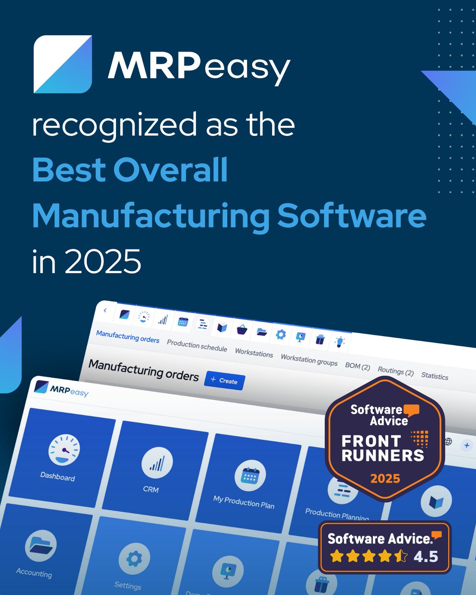 mrpeasy's tweet image. We&apos;re thrilled to announce that MRPeasy has been named &quot;Best Overall Manufacturing Software&quot; in Software Advice&apos;s Best Manufacturing Software in 2025 list! 

Link to the complete list in the comments. 

#ManufacturingSoftware #SoftwareAdvice #erpsoftware #manufacturing