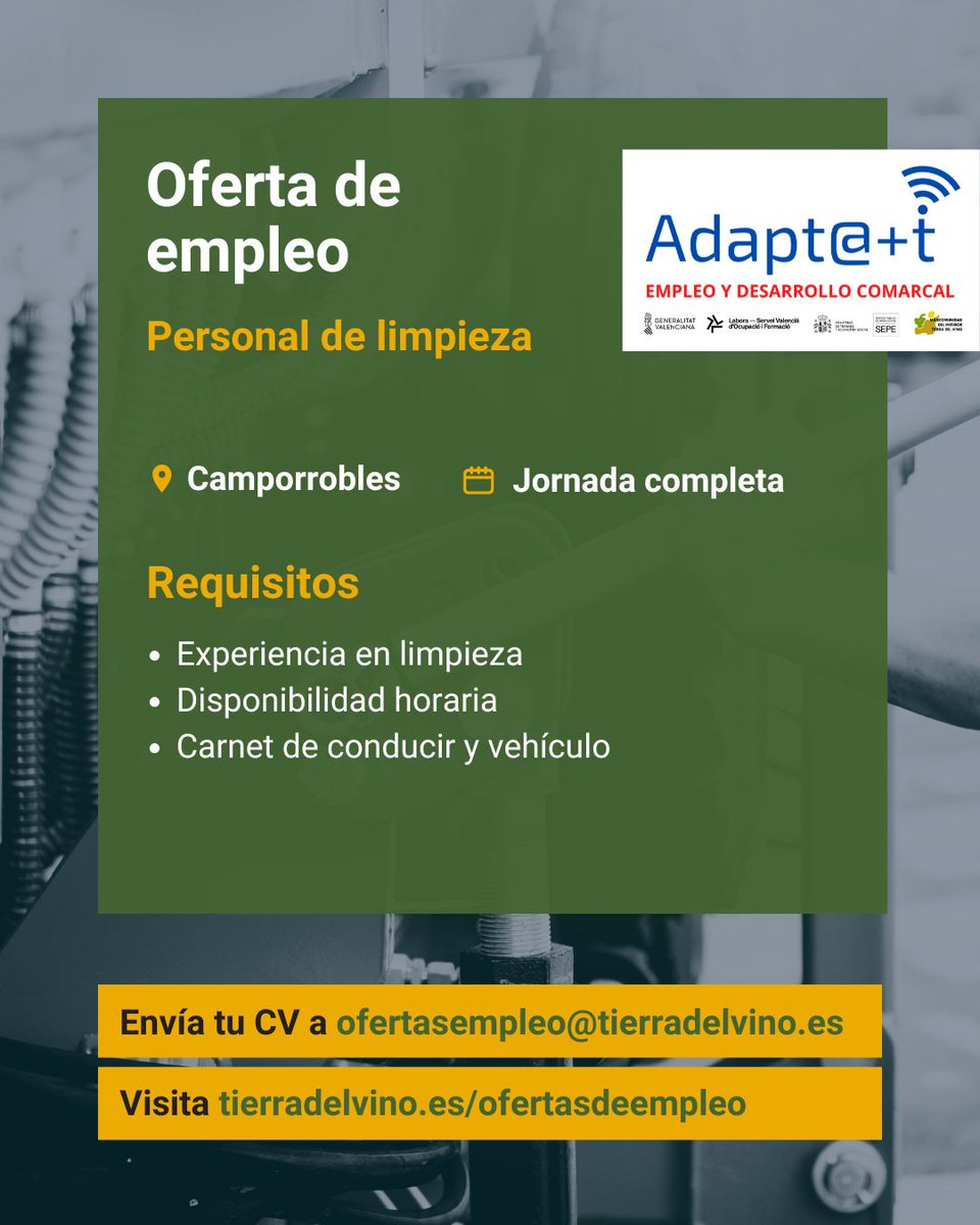 📢 Nuevas ofertas de #empleo en la comarca

👥 Peones de bodega
👥 Personal de limpieza

➕ info: tierradelvino.es/ofertasdeempleo

📢 Si estás en #desempleo 🔵🔴Conéctate a Adapt@+t

#Labora #empleo