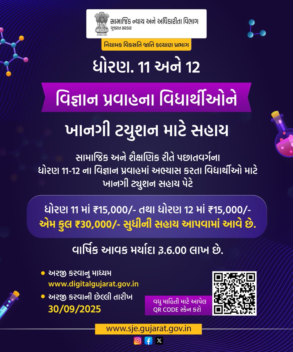 SJEDGujarat's tweet photo. ધોરણ 11 અને 12ના વિજ્ઞાન પ્રવાહના વિદ્યાર્થીઓ માટે ટ્યુશન સહાય

સામાજિક અને શૈક્ષણિક રીતે પછાત વર્ગના વિદ્યાર્થીઓને ઉચ્ચ શિક્ષણ માટે પ્રોત્સાહન આપવા માટે ધોરણ 11 અને 12 વિજ્ઞાન પ્રવાહમાં અભ્યાસ કરતા વિદ્યાર્થીઓને ખાનગી ટ્યુશન ફી માટે આર્થિક સહાય આપવામાં આવશે.

#StudentScholarship https://t.co/PYY580bTZW