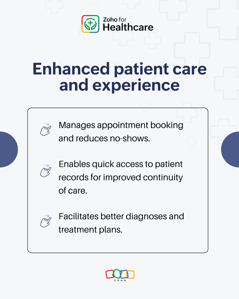 ZohoHealthcare's tweet image. #PracticeManagementSoftware reduces paperwork and minimizes errors, leading to a smoother patient experience.

With streamlined workflows, clinics and hospitals can focus more on patient care and less on administrative tasks.

#ZohoforHealthcare #HealthcareSolutions #Patientcare