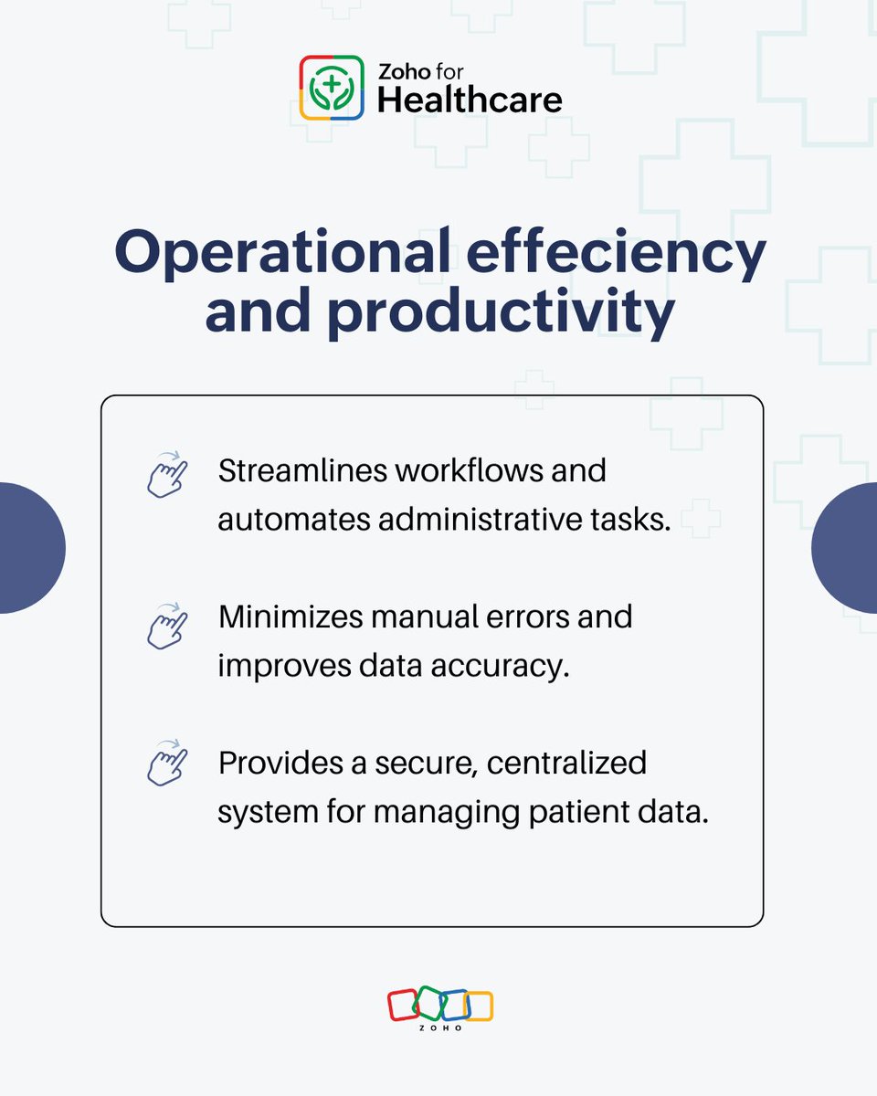 ZohoHealthcare's tweet image. #PracticeManagementSoftware reduces paperwork and minimizes errors, leading to a smoother patient experience.

With streamlined workflows, clinics and hospitals can focus more on patient care and less on administrative tasks.

#ZohoforHealthcare #HealthcareSolutions #Patientcare