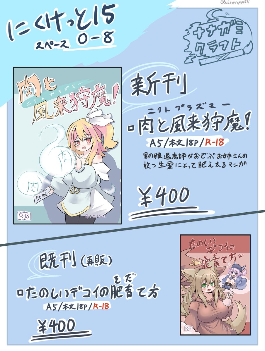 改めてとなりますが、にくけっと15、「O-8」にてお待ちしております!
新刊は前回と同じ、A5サイズ、本文18Pで400円です!
悪霊退治にやってきた男の娘退魔師(風来狩魔)がおでぶお姉さんの放つ生霊によっておでぶでぶにされてしまう漫画となります
ご興味あれば是非!
※新刊サンプルは返信にて... 