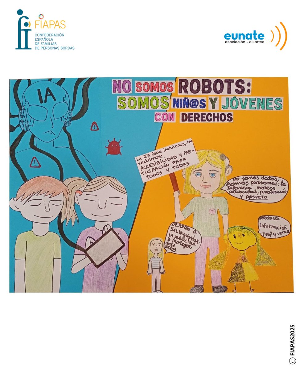 ✨“No somos robots: somos niños y jóvenes con derechos”.

Así se titula el mural ganador del Concurso de Murales Colaborativos 2025, organizado por FIAPAS.

Jóvenes con sordera, de entre 10 y 17 años, han plasmado en sus obras un mensaje claro: la inteligencia artificial debe ser