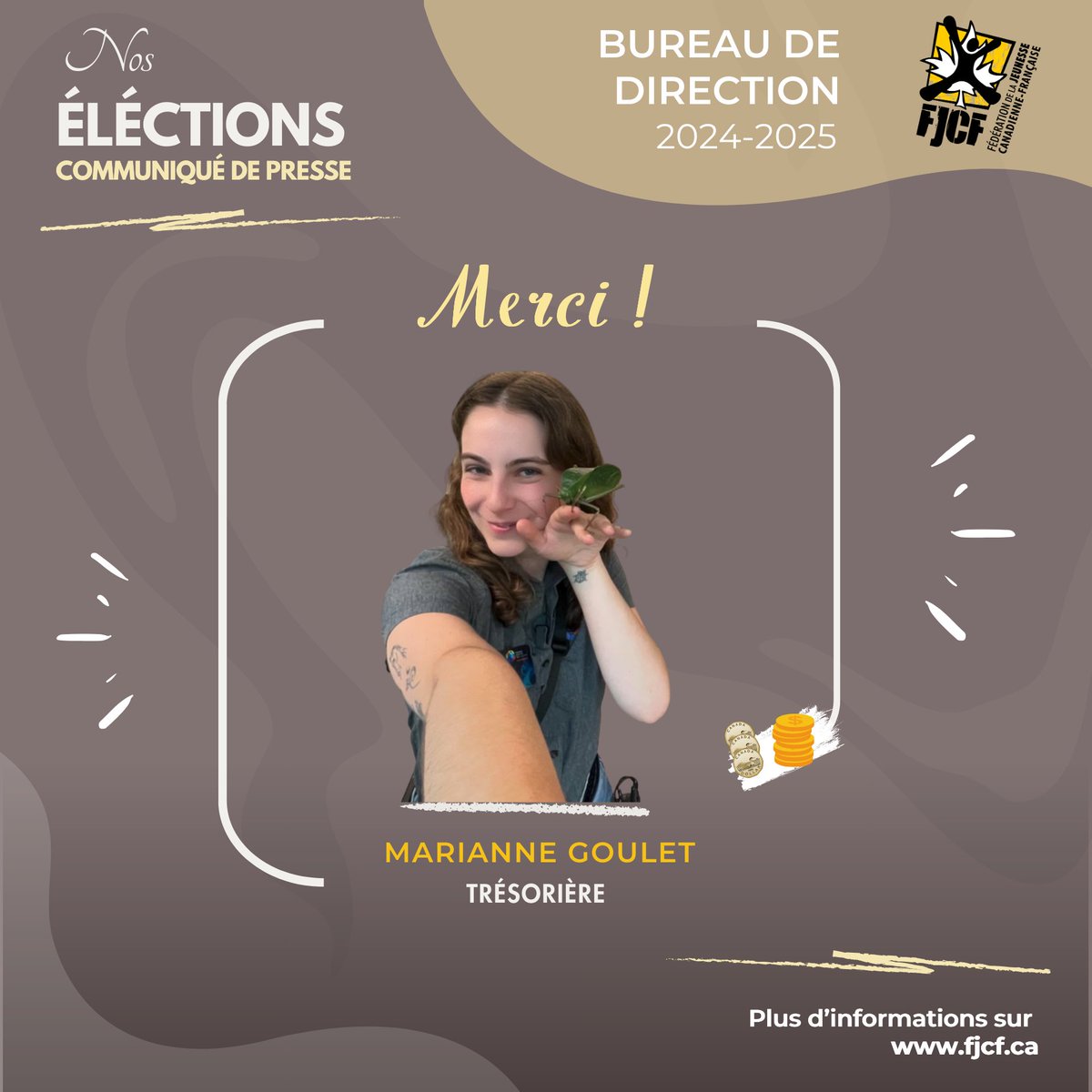Un immense MERCI à Marianne Goulet, notre incroyable trésorière, pour son engagement sans faille au sein de la FJCF!

Au revoir, Marianne, et bonne chance dans tes futurs projets!

#FJCF #Francophonie #JeunesseEngagée #AGA2025 #PARetPOUR #ÉquipeFJCF