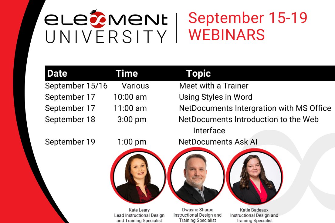 Element_Updates's tweet image. Register today for this week’s Element University Webinars!

Subscribe to Element University by contacting info@ele-ment.com

Registration is available on the Element University site:
ow.ly/SF8e50WAQXj
#ElementTechnologies #ElementUniversity