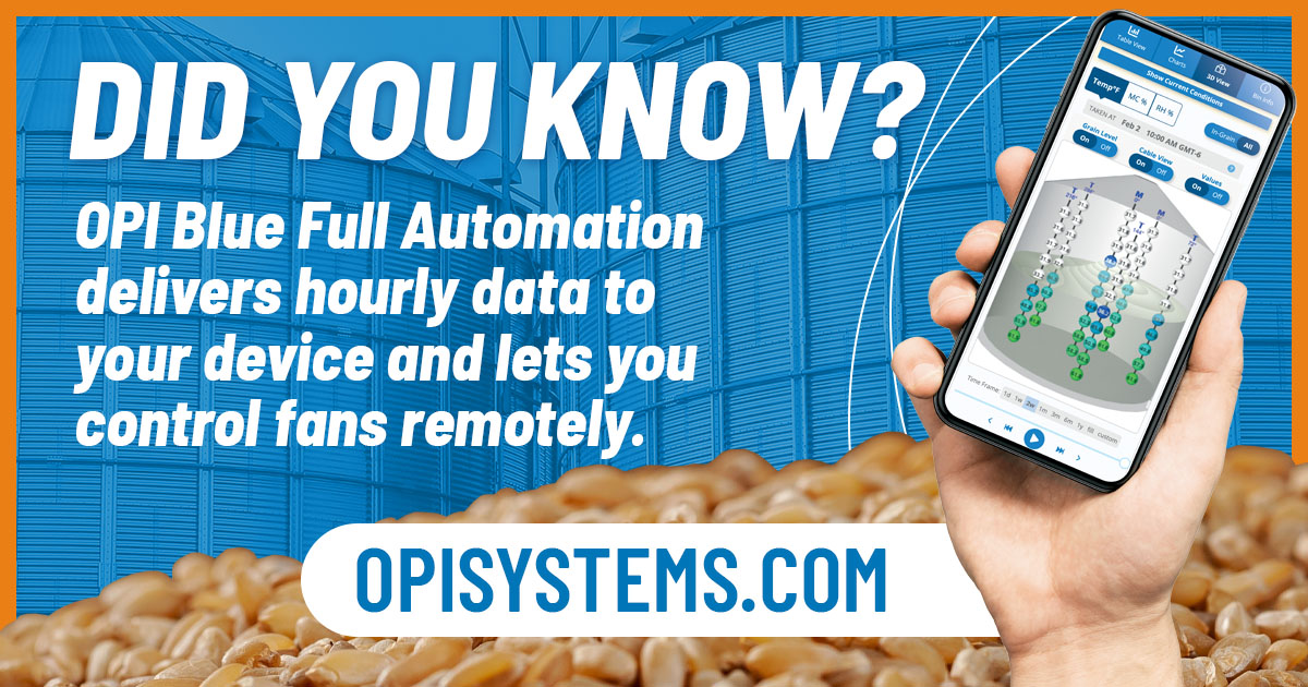 ❓Is your stored grain fully protected? Automate grain management with OPI BLUE Full Automation and make it easy. This wireless system delivers hourly grain storage information to your mobile or desktop devices and allows you to turn on your fans remotely. hubs.ly/Q03HbpkF0