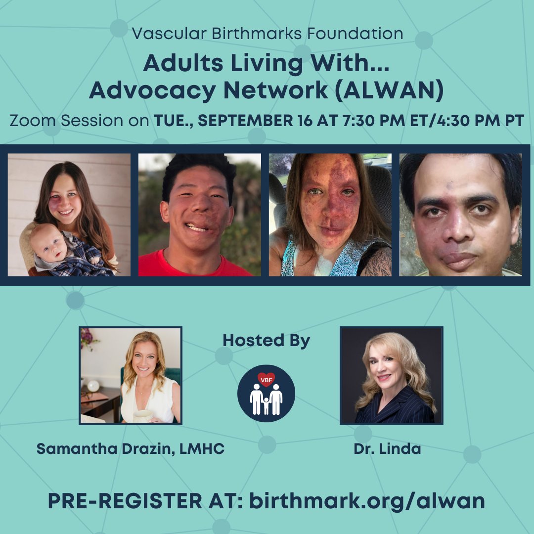 VBirthmarks's tweet photo. Join us TOMORROW, Tuesday, September 16, 2025 at 7:30 PM / 4:30 PM PT for the next Adults Living With Advocacy Network (ALWAN) Zoom session.
Pre-register here: https://t.co/KWOez5Olno
#supportgroups #vascularbirthmarks #VBF #birthmarkcommunity #LetsTalk https://t.co/sr1g7EJoby