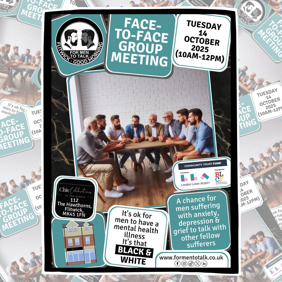ForMenToTalk's tweet image. Talking can be hard—but it can help. ‘@formentotalk #Flitwick (Good Morning)’ invites you to join us on Tuesday 14 October 2025, 10am-12pm at Chic Celebrations. For men who need someone to talk to. #mentalhealth