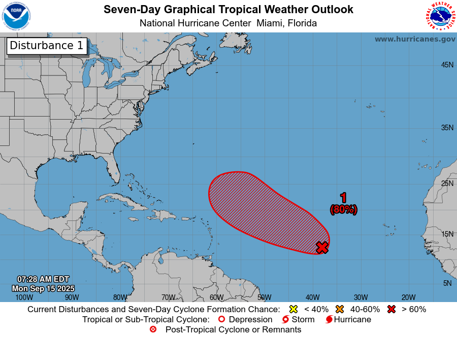 #15Sep Continúa en observación una onda tropical en el Atlántico central tropical la cual tiene 80% de probabilidades de convertirse en ciclón tropical. De llegar a concretarse, este sistema no representaría un  riesgo para Venezuela. Se mantendría sobre aguas abiertas de la