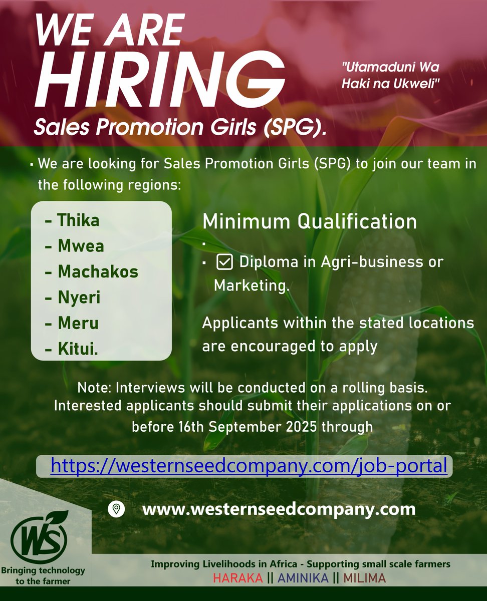 WesternSeedcom's tweet photo. We’re hiring Sales Promotion Girls
Apply by 16th Sept 2025
👉 https://t.co/xyZdBCyXrV https://t.co/S1rZWln3tz