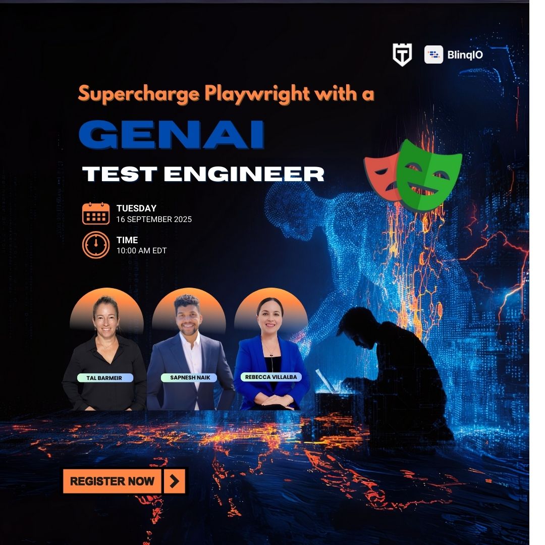 joecolantonio's tweet image. 📢 Happening TOMORROW: Scale #Playwright without drowning in upkeep. #GenAI handles autonomous test creation, self-healing, and smart failure triage so you don’t have to. Reserve your spot. 👉 testguild.com/webinar-superc… @talbarmeir @BlinqIo #aitestengineer  #autonomous #ttm…