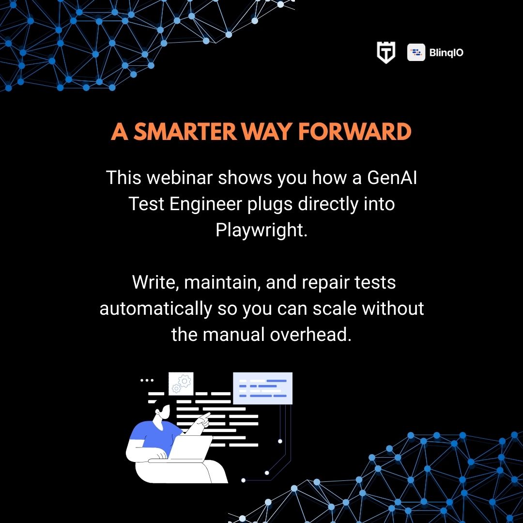 joecolantonio's tweet image. 📢 Happening TOMORROW: Scale #Playwright without drowning in upkeep. #GenAI handles autonomous test creation, self-healing, and smart failure triage so you don’t have to. Reserve your spot. 👉 testguild.com/webinar-superc… @talbarmeir @BlinqIo #aitestengineer  #autonomous #ttm…