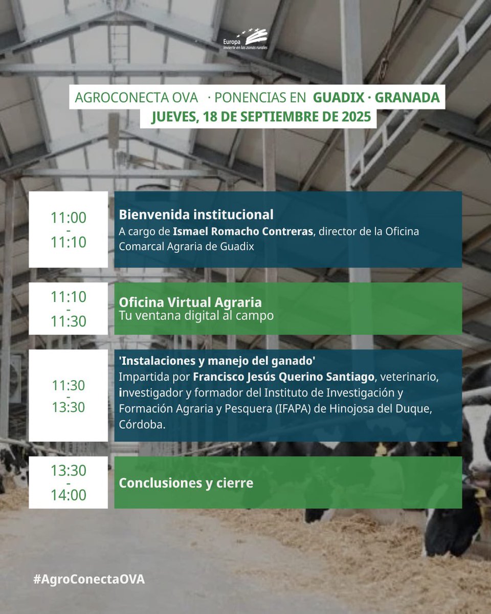 📍 El próximo jueves, 18 de septiembre, Guadix acogerá una nueva jornada del ciclo #AgroConectaOVA, organizada por la Oficina Virtual Agraria de la <a href="/AndaluciaJunta/">Junta de Andalucía</a> 

ws229.juntadeandalucia.es/agenciaagraria…

#AgroConectaOVA #Innovación #Ganadería #OficinaVirtualAgraria <a href="/OVAAndalucia/">Oficina Virtual Agraria | Andalucía</a>