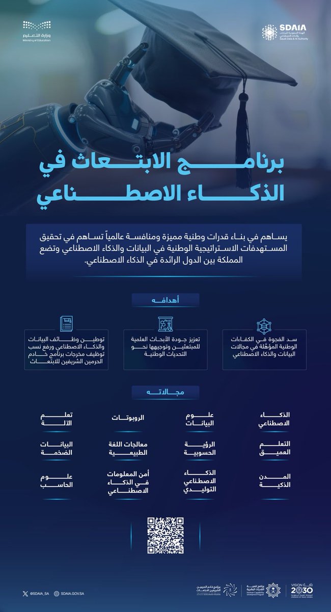 FocusNTraining's tweet image. كن أحد المنضمين إلى برنامج الابتعاث في الذكاء الاصطناعي؛ وساهم في بناء مستقبل الذكاء الاصطناعي في المملكة.
